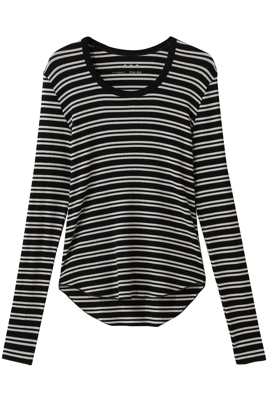 three dots シルクカシミヤ ロングスリーブ ジェシカ (ブラック×ホワイト, S) スリードッツ ELLE SHOP