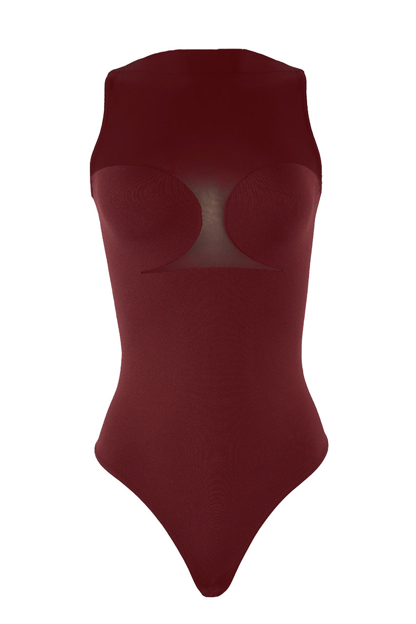 ウォルフォード/Wolfordの77121 BUSTIER STRING BODY コルセットノースリーブボディスーツ(ダークレッド/4211900002)