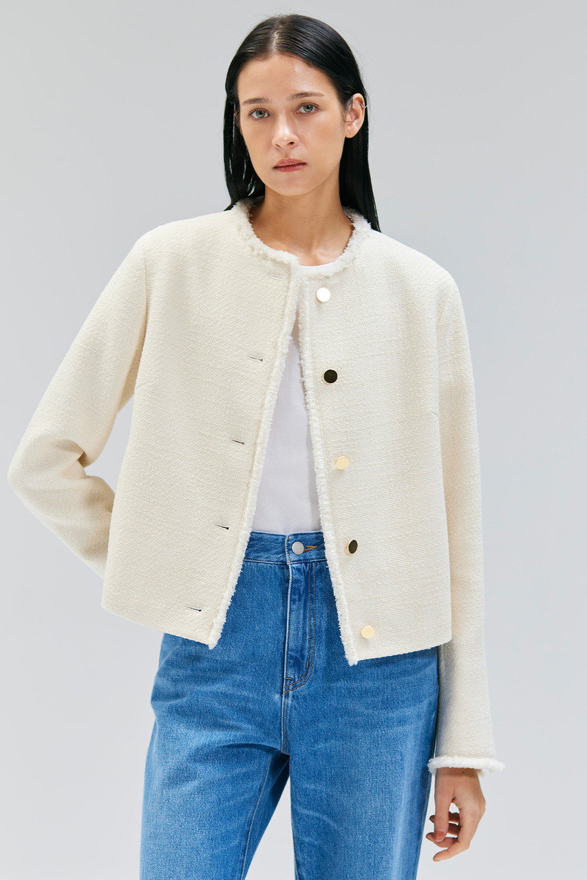 極美品◆BEIGE ベイジ 金ボタン ツイード ノーカラー ジャケット M CAROLE ／ ノーカラージャケット（JKCWCM0730