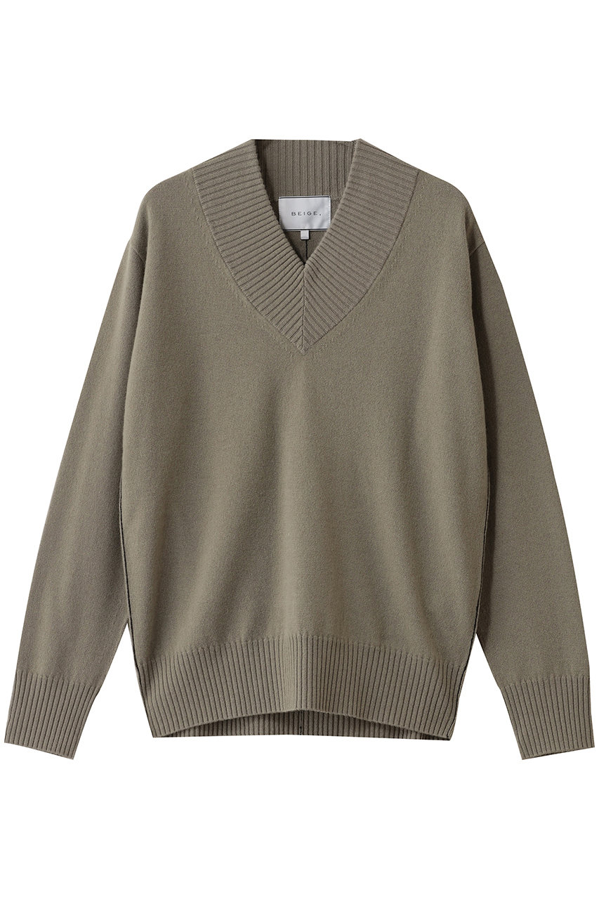 ベイジ，/BEIGE，のPOMPE（ポンプ）/ウールカシミヤ配色ラインVネックニット(L.Khaki×Black/KRCWGW0401)