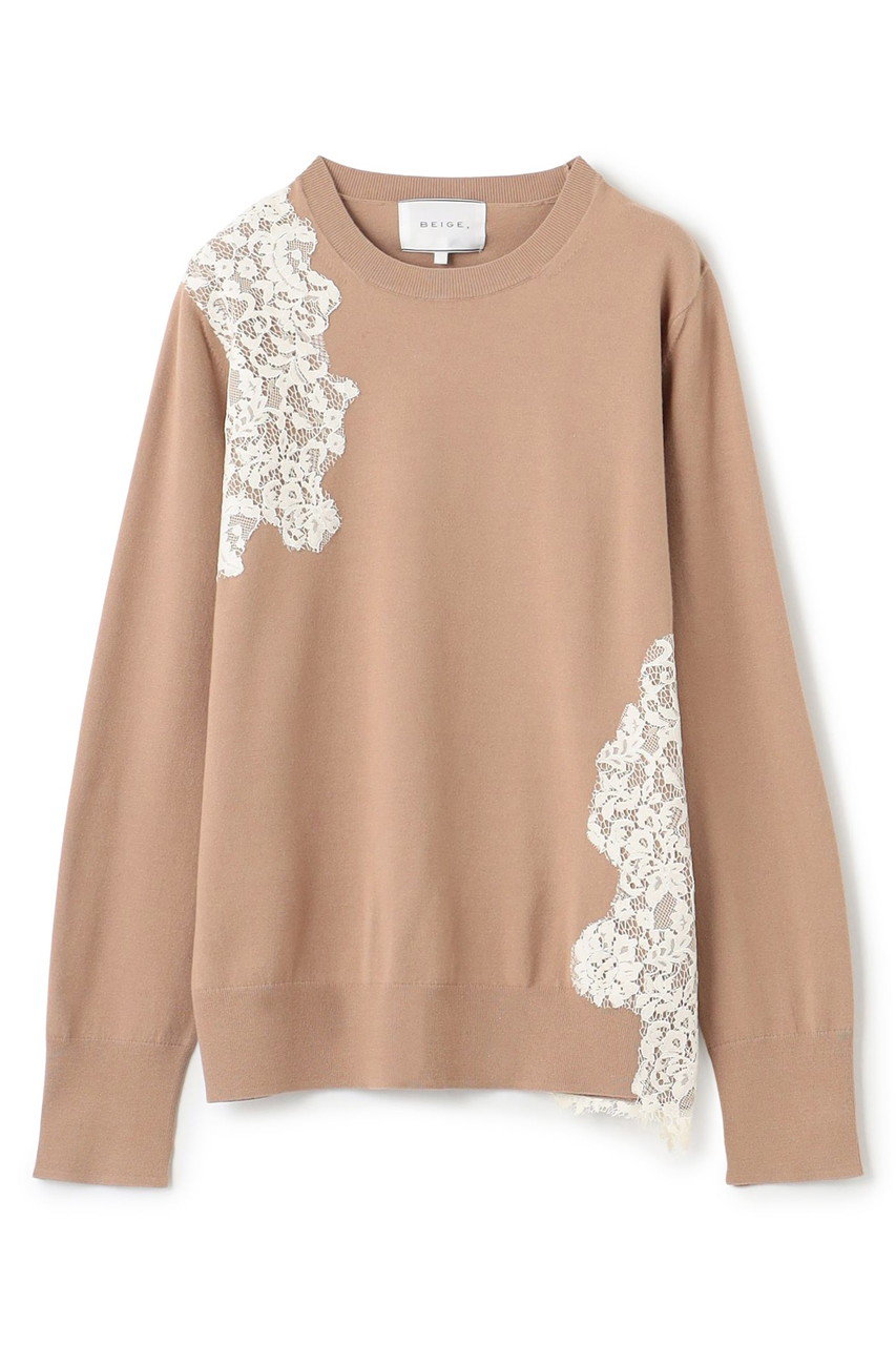 BEIGE， WILLOW / アシンメトリーレースクルーネックニット (Milk Tea, 4) ベイジ， ELLE SHOP