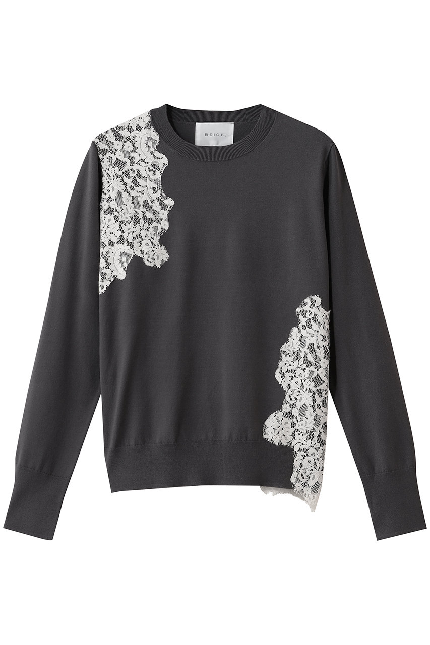ベイジ，/BEIGE，のWILLOW / アシンメトリーレースクルーネックニット(Warm Gray/KRCWGW0501)