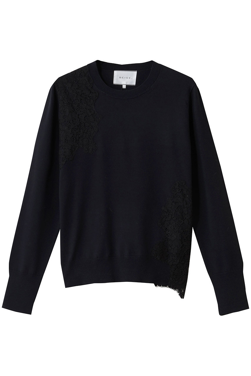 ベイジ，/BEIGE，のWILLOW / アシンメトリーレースクルーネックニット(Navy/KRCWGW0501)
