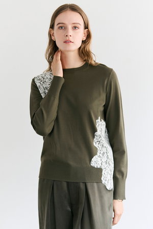 ベイジ，/BEIGE，のWILLOW / アシンメトリーレースクルーネックニット/(110300/110301)