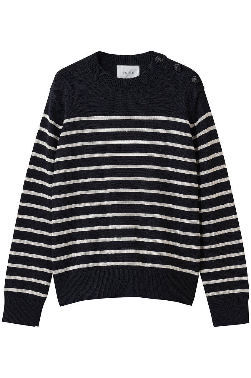 ベイジ，/BEIGE，のHELIODOR（ヘリオドール）/レーヨンボーダーマリンボタンニット(Navy × Ecru/KRCWGW0602)