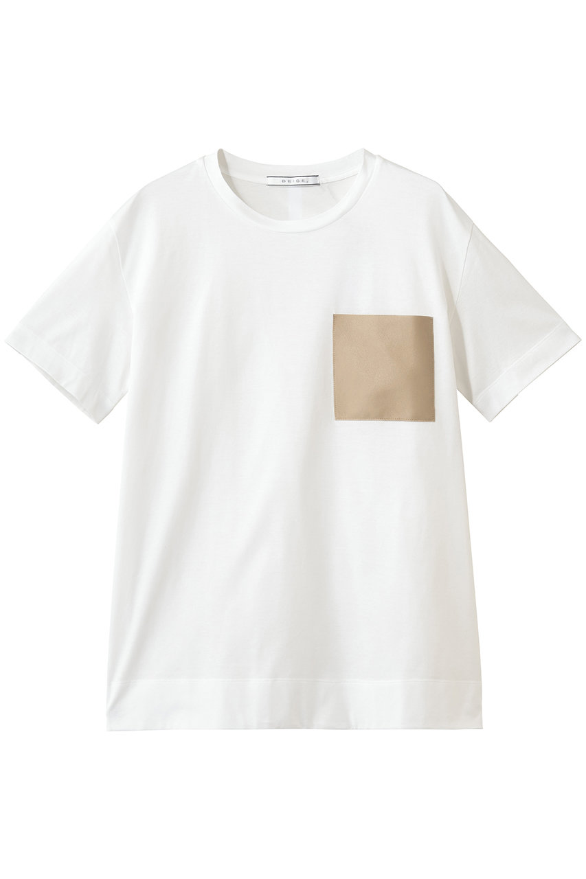 ベイジ，/BEIGE，のTORENIA（トレニア）/レザーポケットコットンクルーネックTシャツ(White × Taupe/KKCWLM6452)