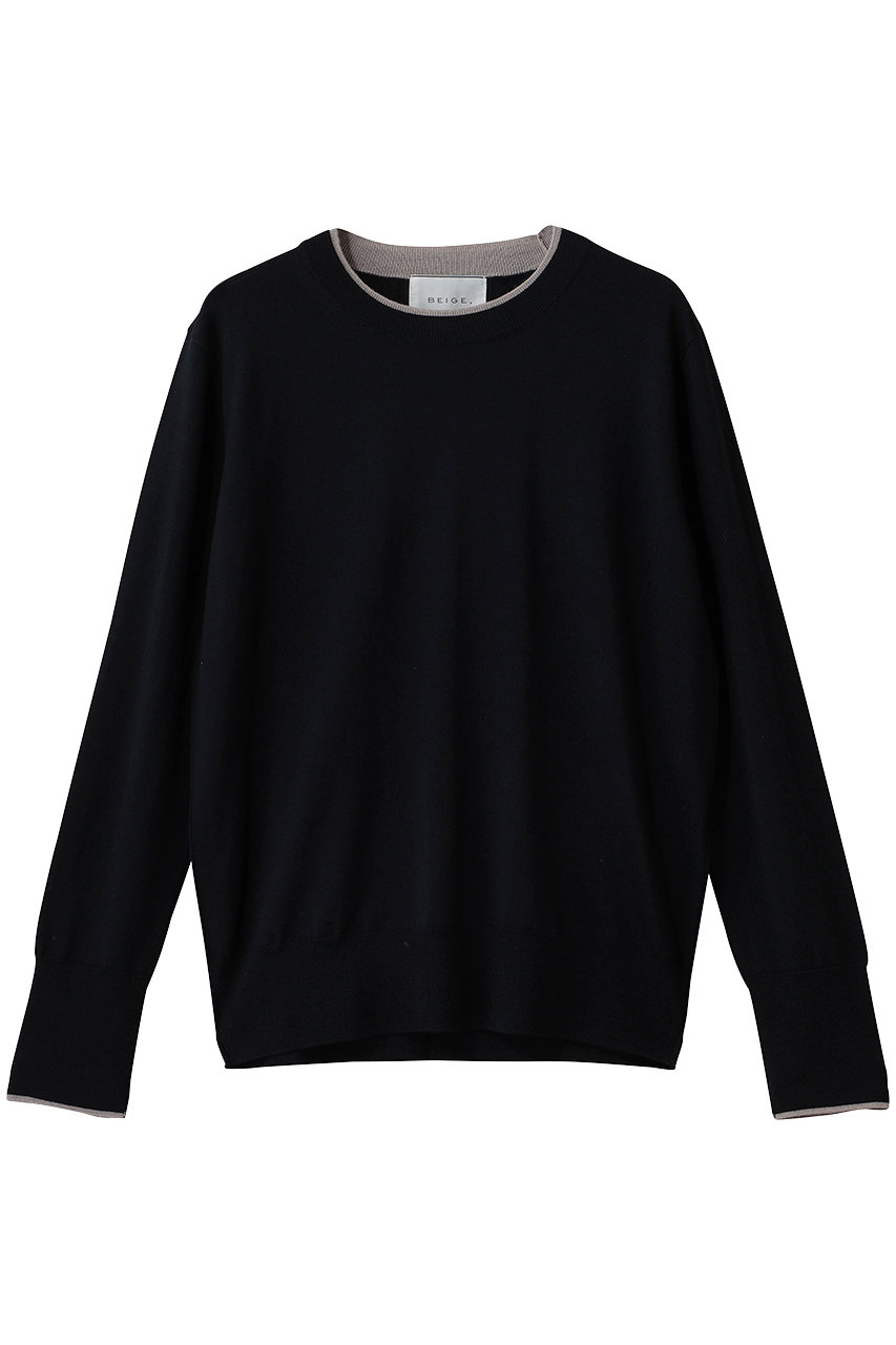 ベイジ，/BEIGE，のLA MONNAIE（ラ モネ）/レイヤーカラークルーネックニット(Navy × Lt.Taupe/KRCWLA0301)
