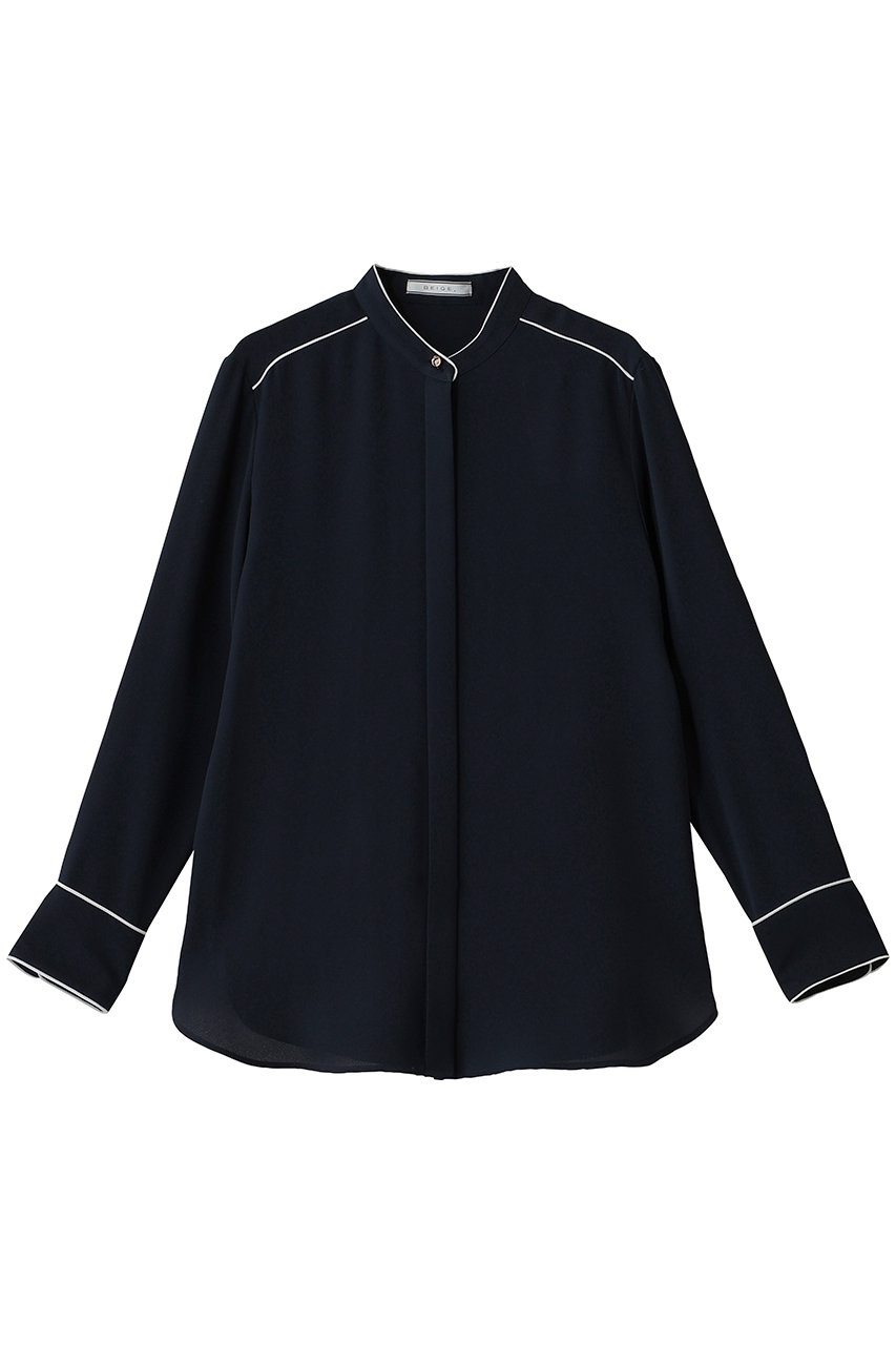 BEIGE， STOW（ストー）/配色パイピング バンドカラーシャツ (Navy, 4) ベイジ， ELLE SHOP