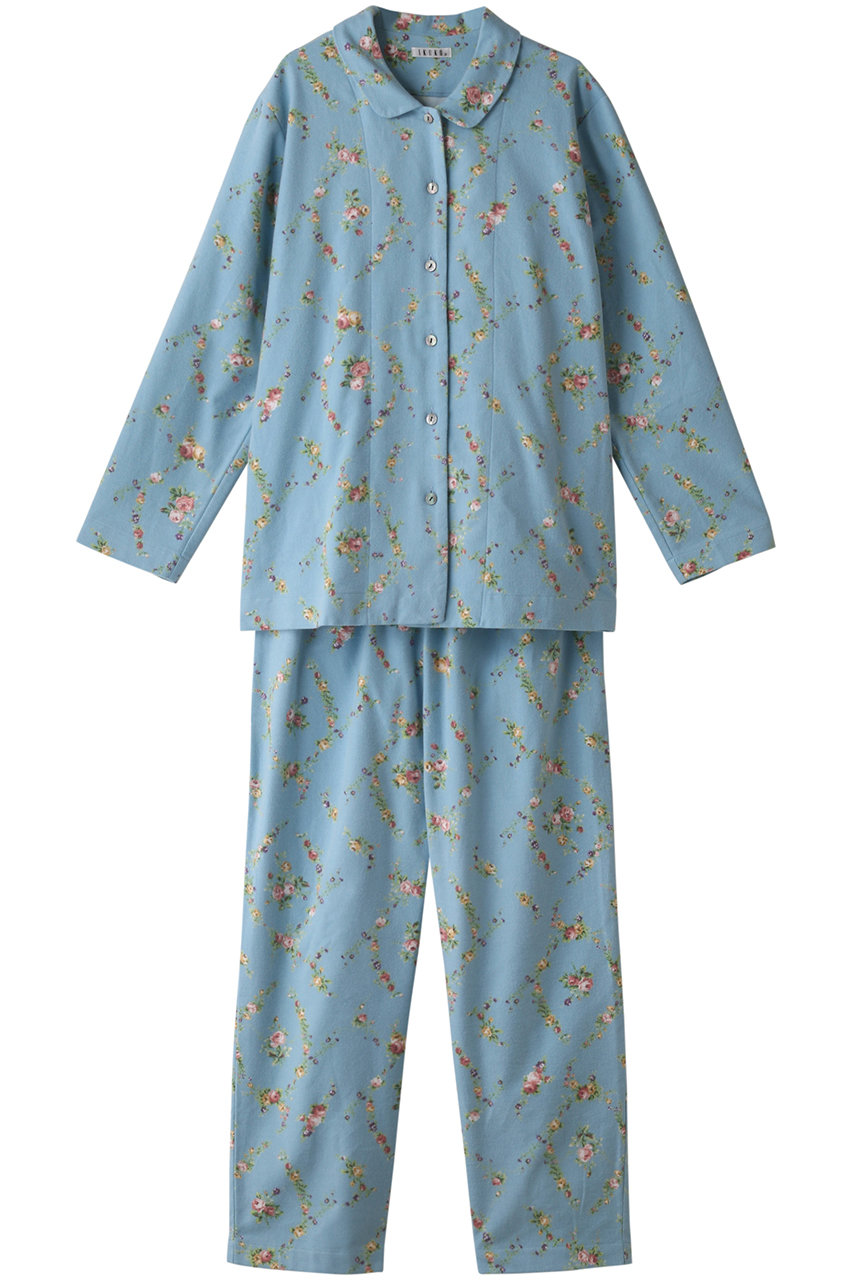 ＜ELLE SHOP＞ IKUKO 綾ネル花柄プリント 襟付きパジャマ (ブルー 2(M)) イクコ ELLE SHOP