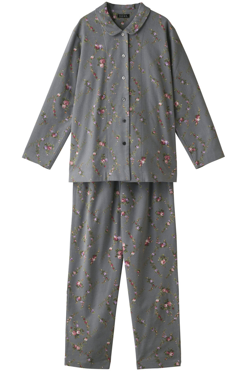 イクコ/IKUKOの綾ネル花柄プリント 襟付きパジャマ(グレー/RN230PL2)