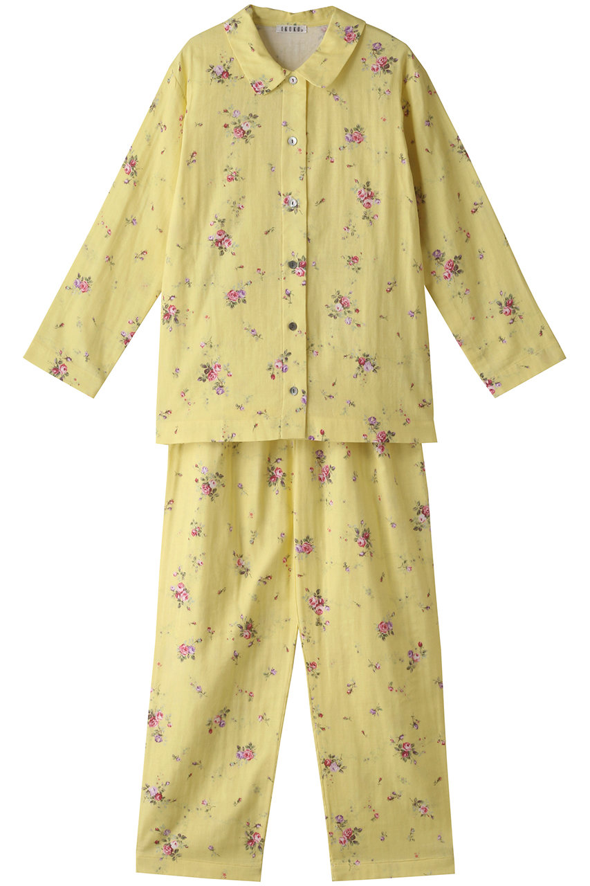 IKUKO ダブルガーゼ花柄プリント 襟付きパジャマ (イエロー, 2(M)) イクコ ELLE SHOP