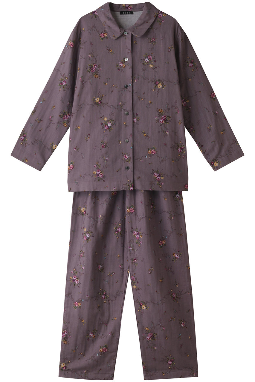 イクコ/IKUKOのダブルガーゼ花柄プリント 襟付きパジャマ(パープル/RN220QL2)