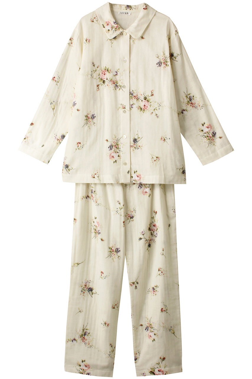 イクコ/IKUKOのダブルガーゼ花柄プリント襟付きパジャマ(アイボリー/SN220QL2)