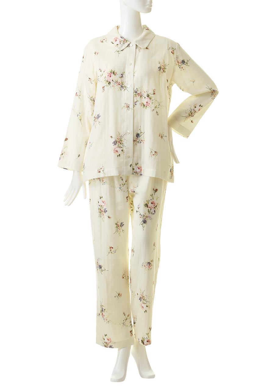 ダブルガーゼ花柄プリント襟付きパジャマ