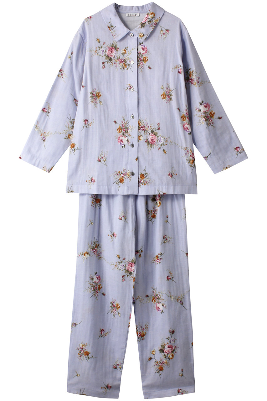 イクコ/IKUKOのダブルガーゼ花柄プリント襟付きパジャマ(ブルー/SN220QL2)