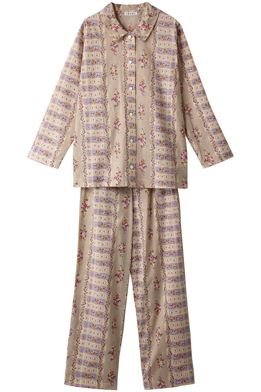 イクコ/IKUKOのシングルガーゼ花柄プリント襟付きパジャマ(ベージュ/SN200PL2)