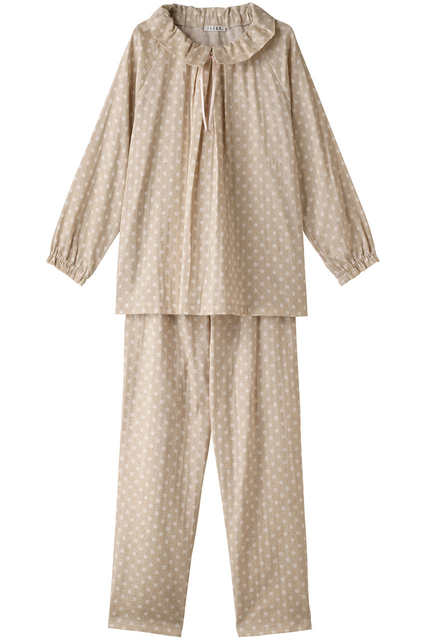 イクコ/IKUKOの杢糸Wガーゼラウンドカラーパジャマ(ベージュ水玉/TN230QL2-03)