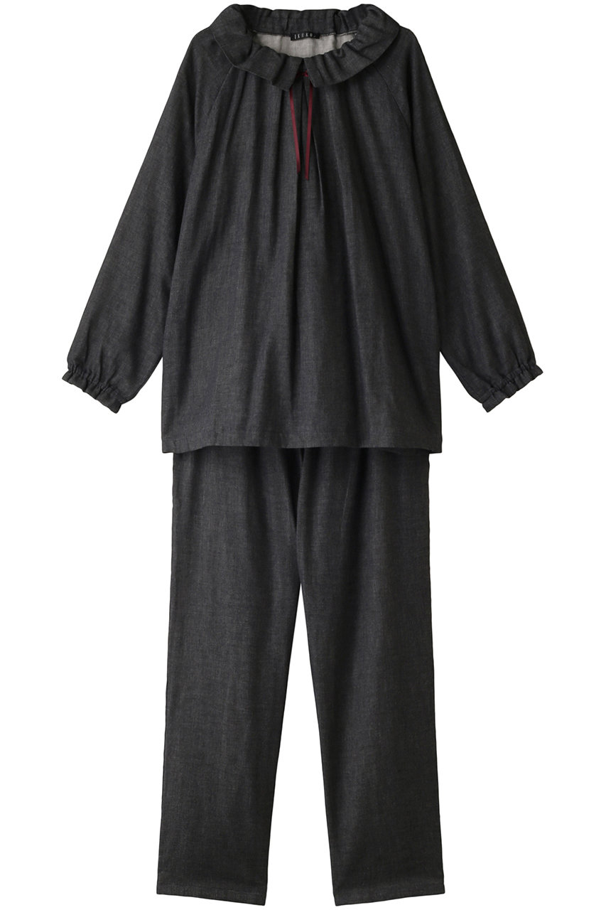 ＜ELLE SHOP＞ IKUKO 杢糸Wガーゼラウンドカラーパジャマ (ブラック無地 2(Ｍ）) イクコ ELLE SHOP