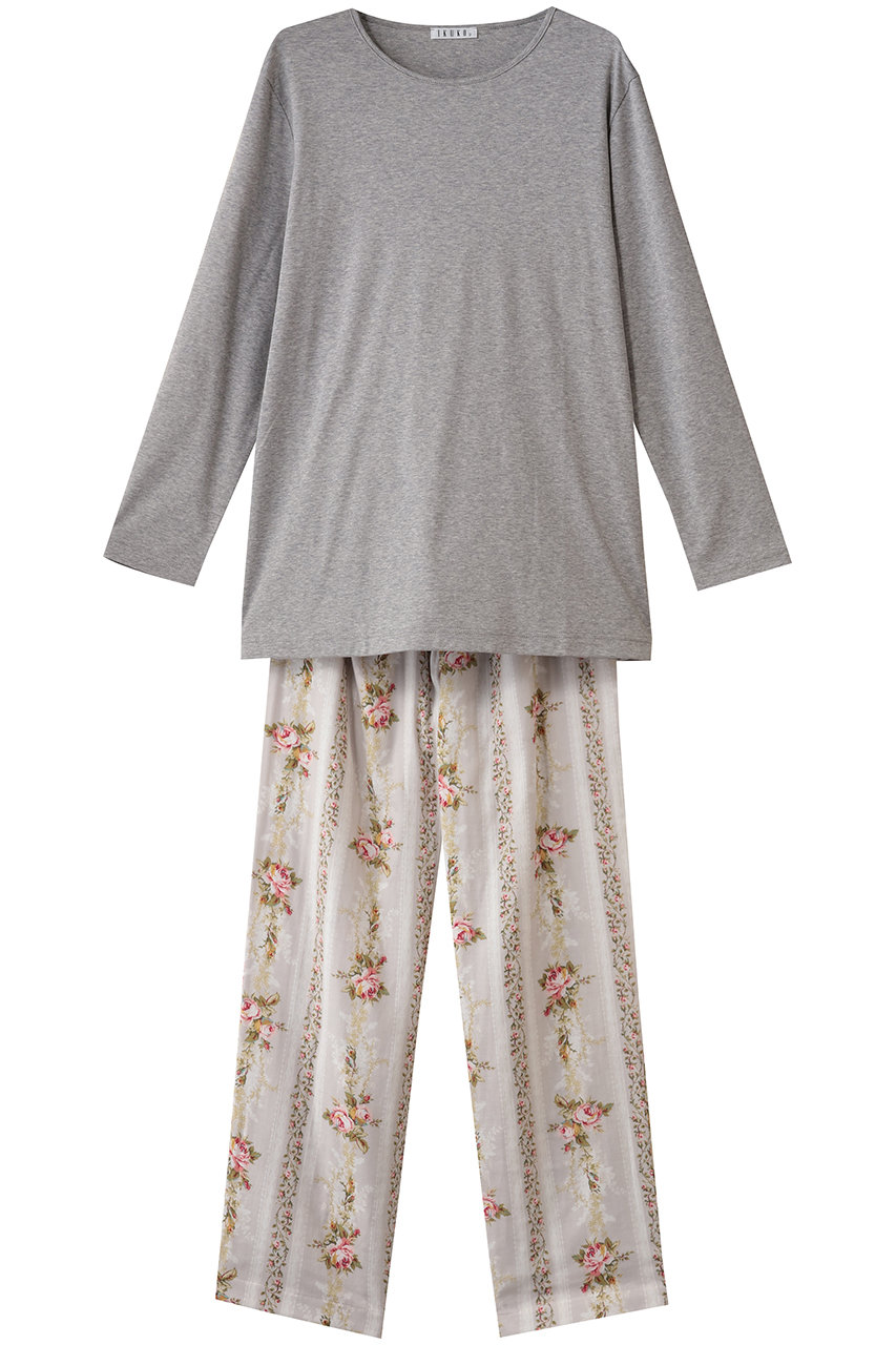 イクコ/IKUKOのスムースニット＆ダブルガーゼ花柄パジャマ(グレー杢×ライトグレー/AN200PP2-02)