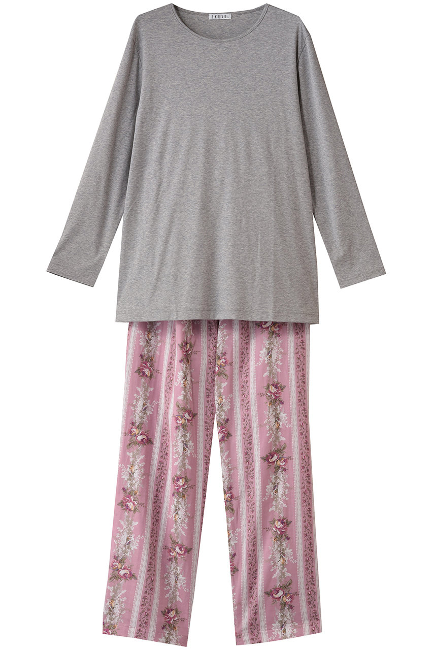 イクコ/IKUKOのスムースニット＆ダブルガーゼ花柄パジャマ(グレー杢×ピンク/AN200PP2-02)