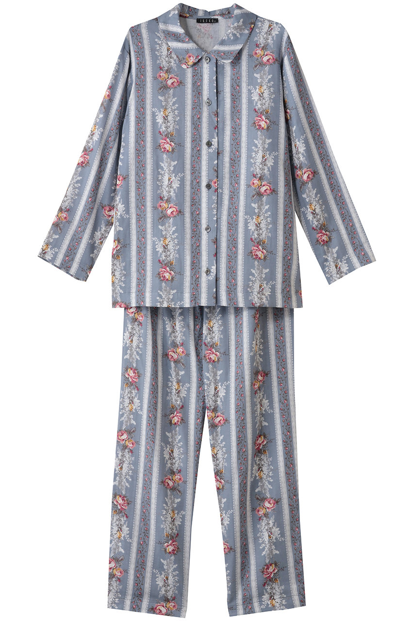 イクコ/IKUKOのダブルガーゼ花柄襟付きパジャマ(ブルー/AN240PP2-04)