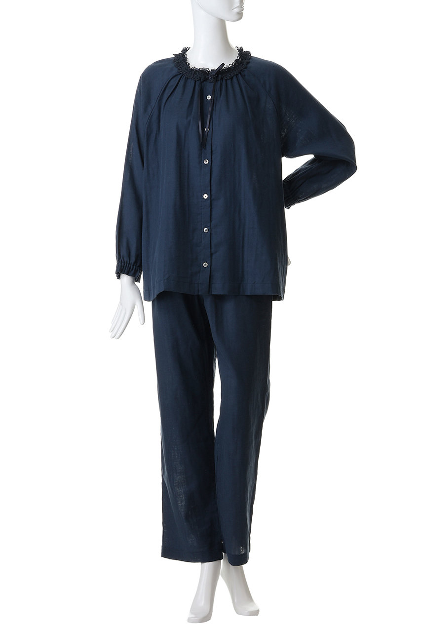 IKUKO(イクコ)｜ダブルガーゼ レースネック全開パジャマ/ライトグレー