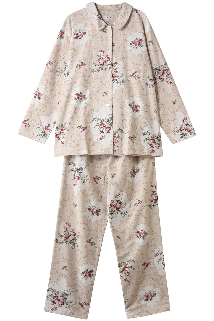 イクコ/IKUKOの綾ネル花柄プリント襟付きパジャマ(アイボリー/AN250PP2_03)