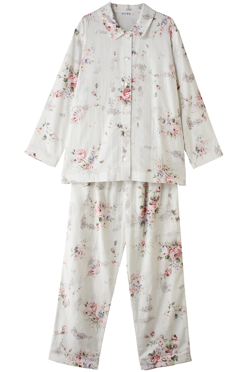 ダブルガーゼ花柄プリント襟付き長袖パジャマ
