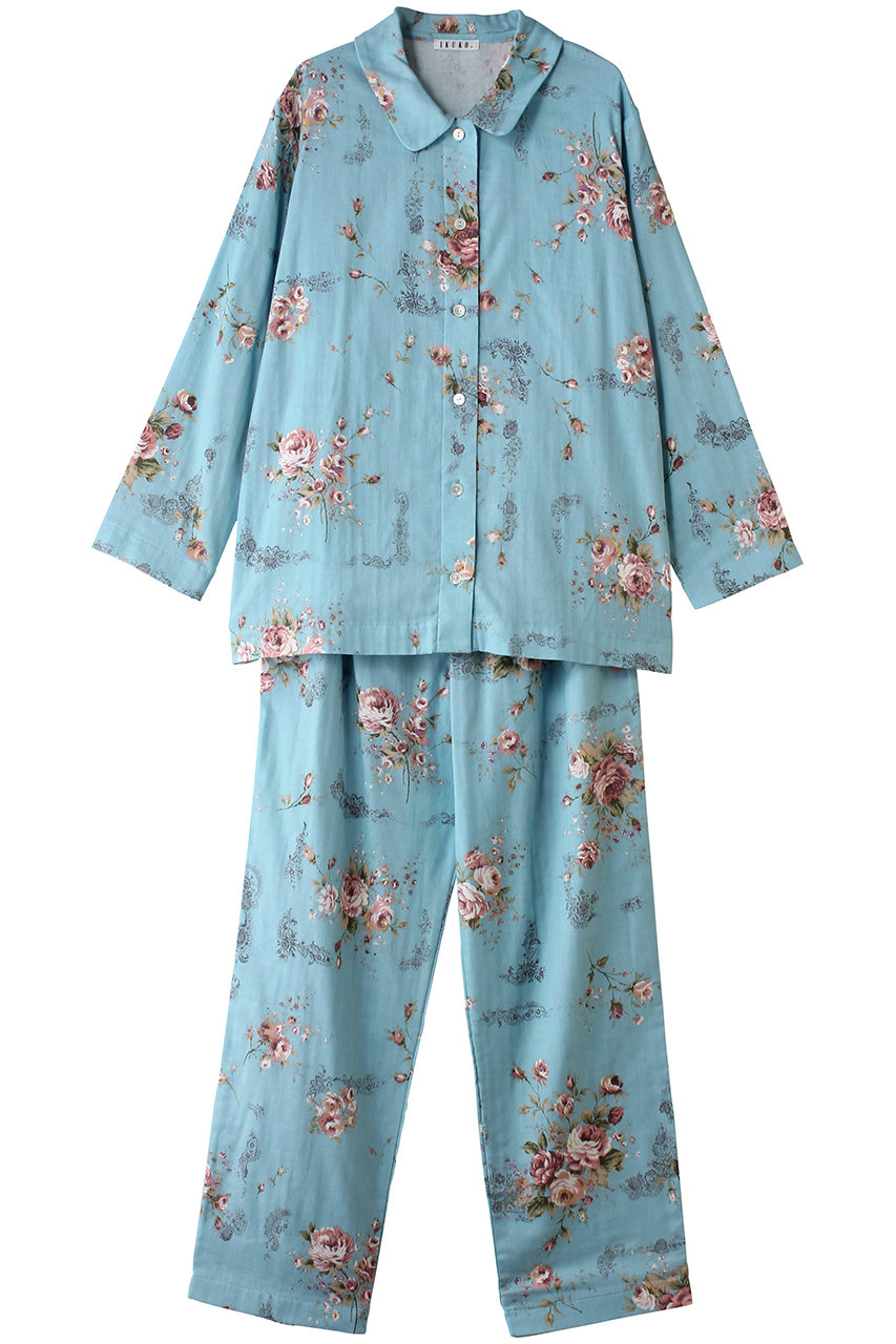 ダブルガーゼ花柄プリント襟付き長袖パジャマ