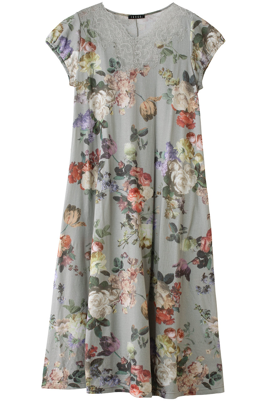 60接結花柄ニットレースVネックネグリジェ