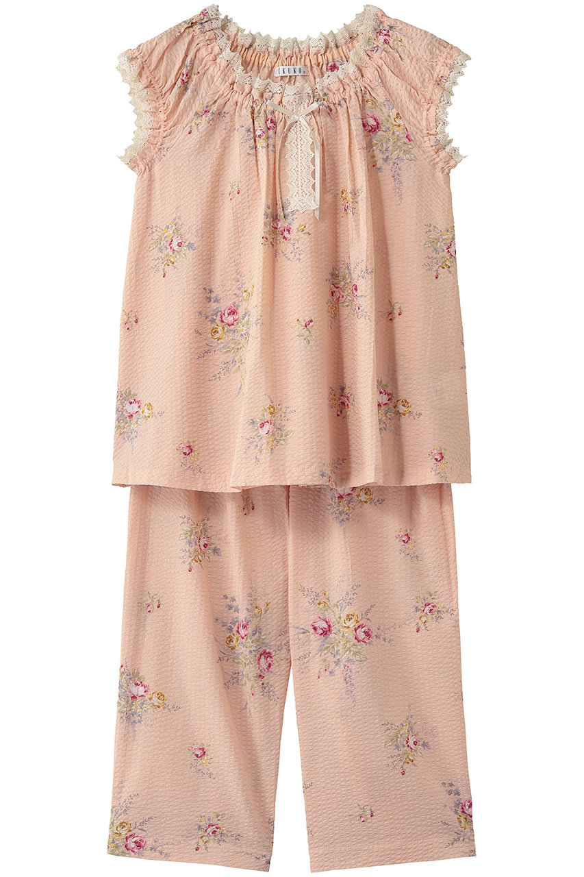 イクコ/IKUKOのローンリップル花柄ギャザーパジャマ(サーモンピンク/BN230SQ2-03)