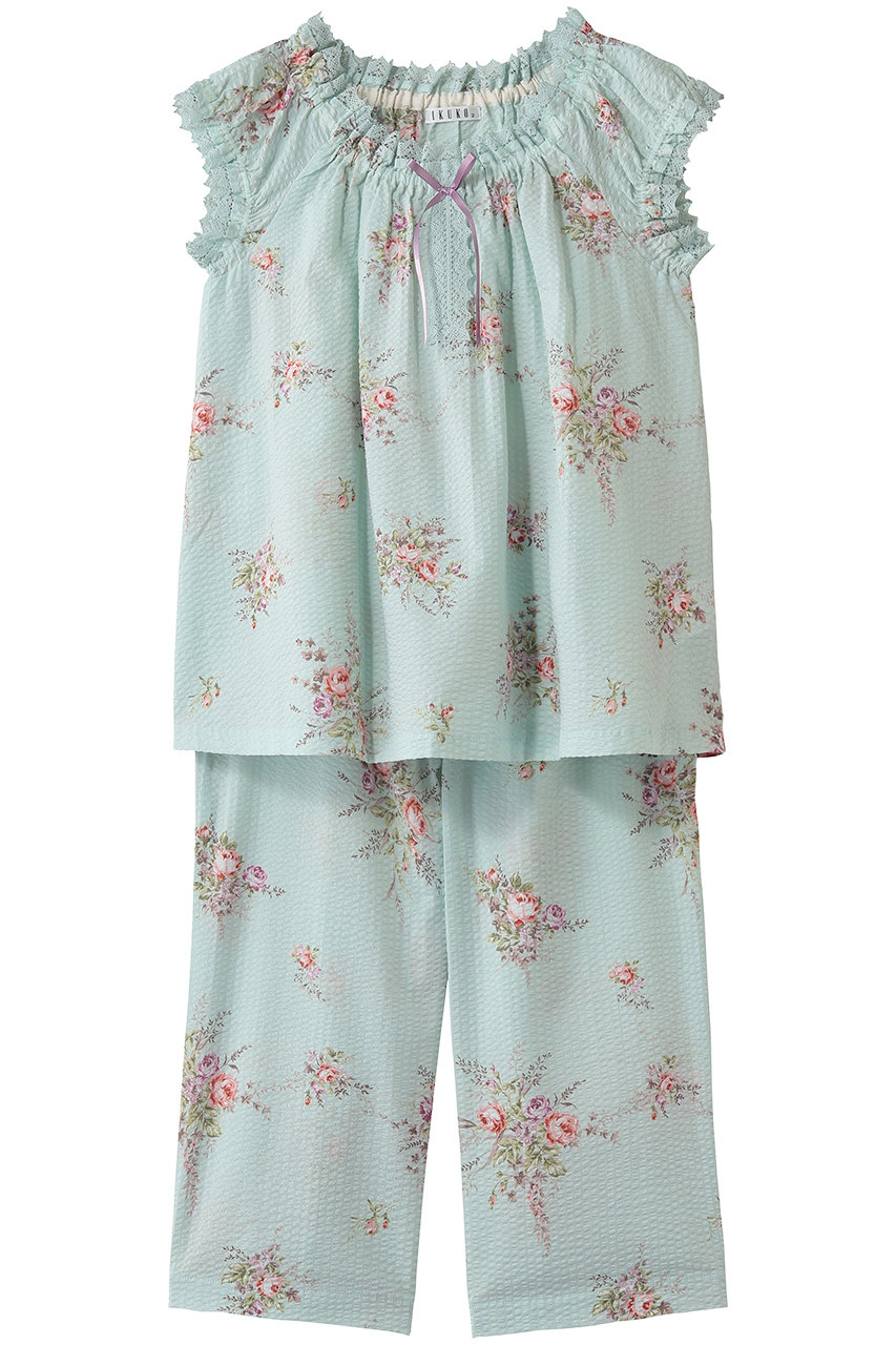 イクコ/IKUKOのローンリップル花柄ギャザーパジャマ(ミント/BN230SQ2-03)