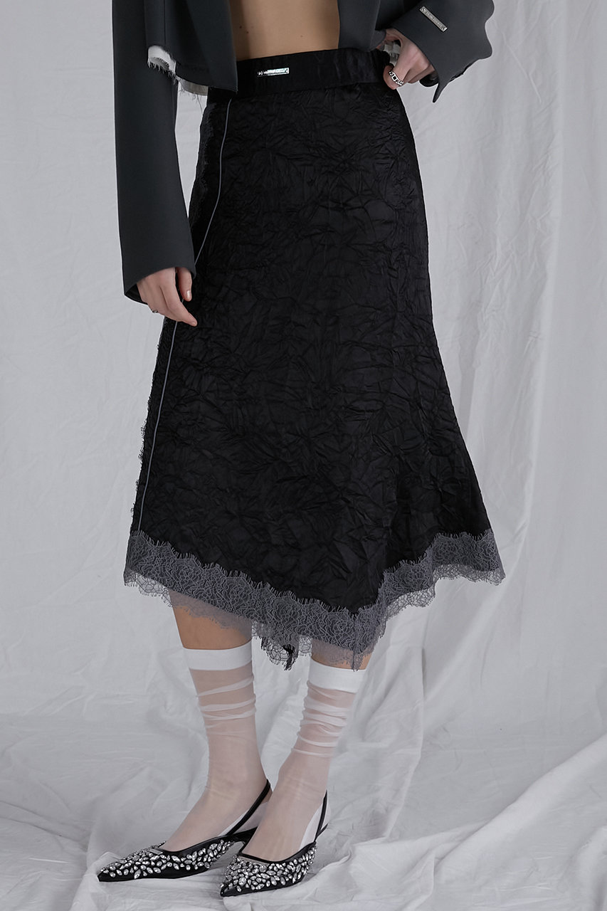 ワッシャーサテンレーストリムスカート / Washed Satin Lace Trim Skirt