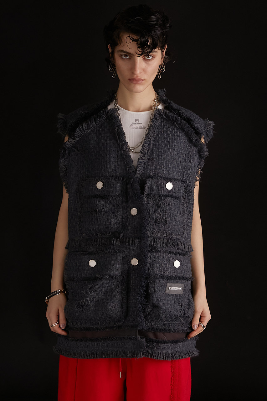 ダメージフリンジツイードジレ / Damaged Fringe Tweed Gilet