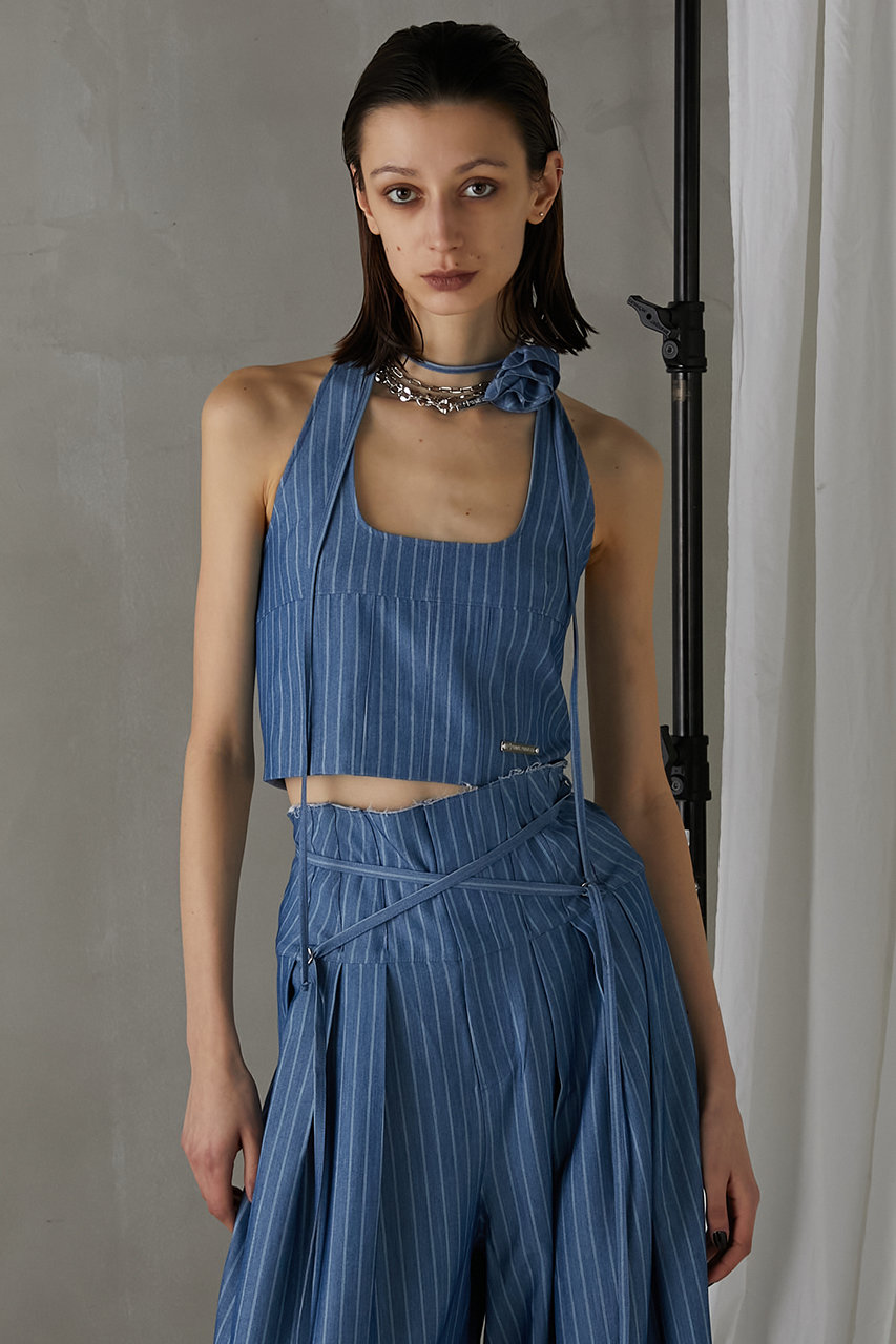 【予約販売】フラワーチョーカーストライプホルタートップス / Flower Choker Striped Halter Top