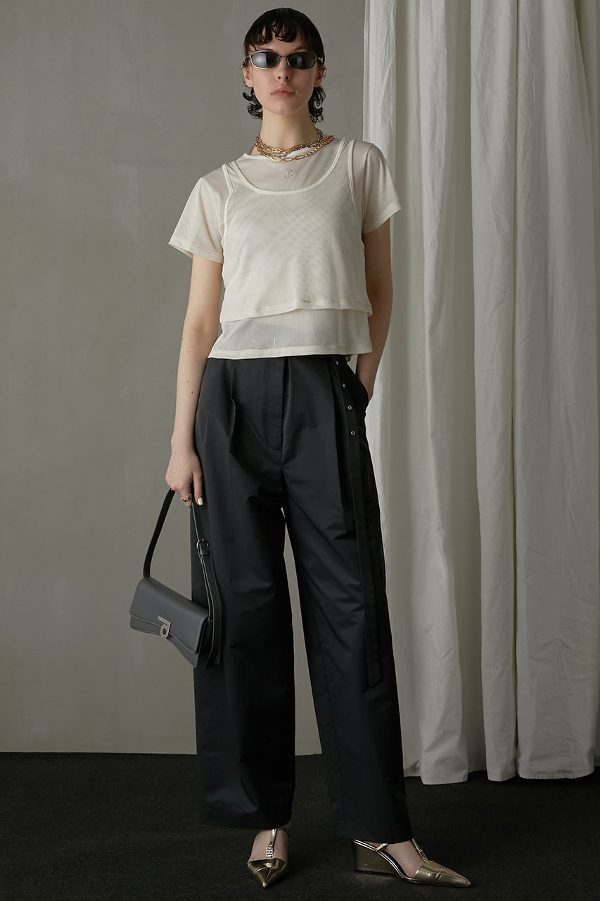 【予約販売】アイレットベルトサテンタックパンツ / Eyelet Belt Satin Tuck Pants