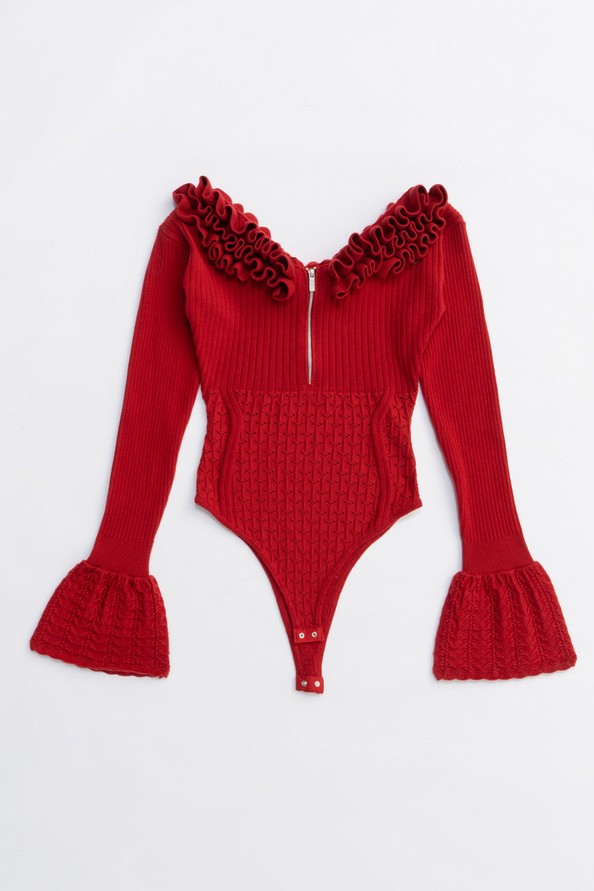 PRANK PROJECT フリルニットボディスーツ / Frill Knit Bodysuit (RED(レッド), FREE) プランク プロジェクト ELLE SHOP PRANK PROJECT フリルニットボディスーツ / Frill Knit Bodysuit (RED(レッド), FREE) プランク プロジェクト ELLE SHOP