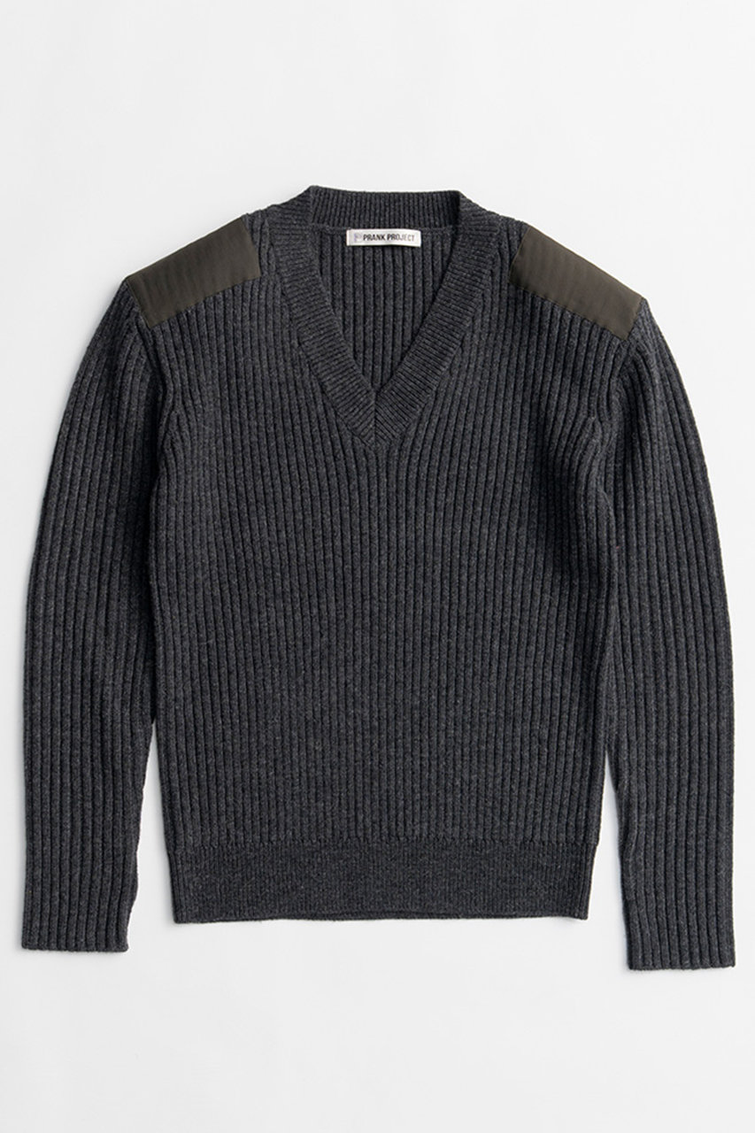 PRANK PROJECT ショルダーパッチVネックリブニット / Shoulder Patch V-Neck Rib Knit (GRY(グレー), FREE) プランク プロジェクト ELLE SHOP