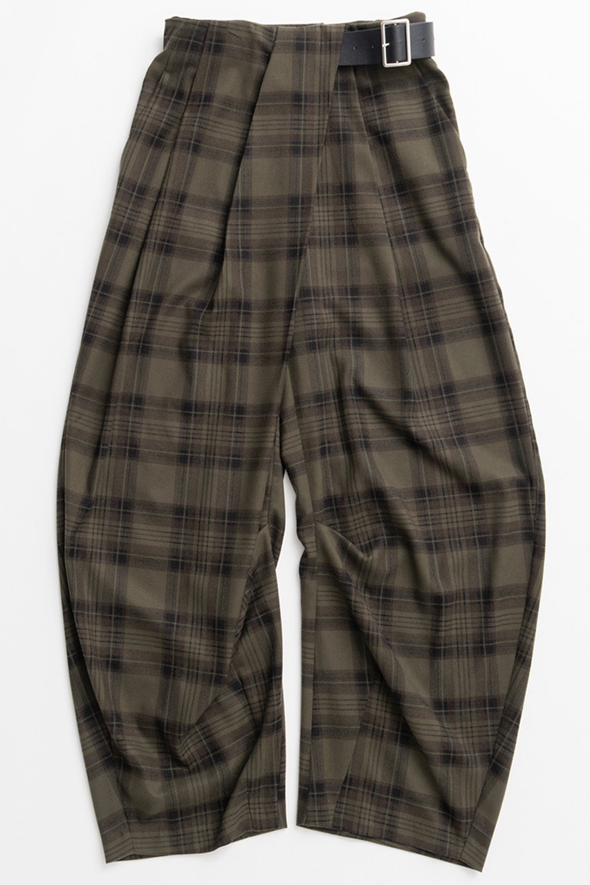 PRANK PROJECT アシメタックチェックベルトパンツ / Asymmetrical Tuck Check Belt Pants (KHK(カーキ), 38) プランク プロジェクト ELLE SHOP