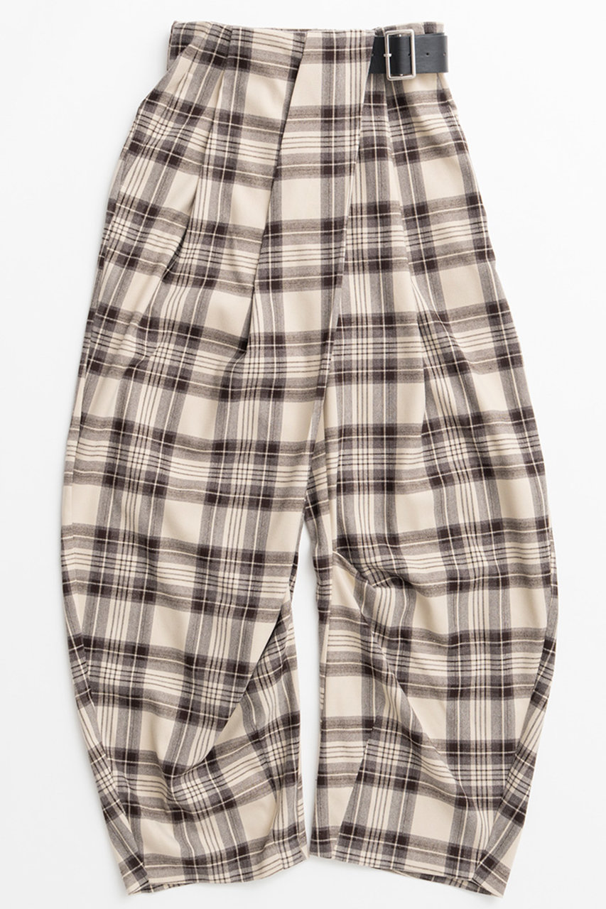 アシメタックチェックベルトパンツ / Asymmetrical Tuck Check Belt Pants