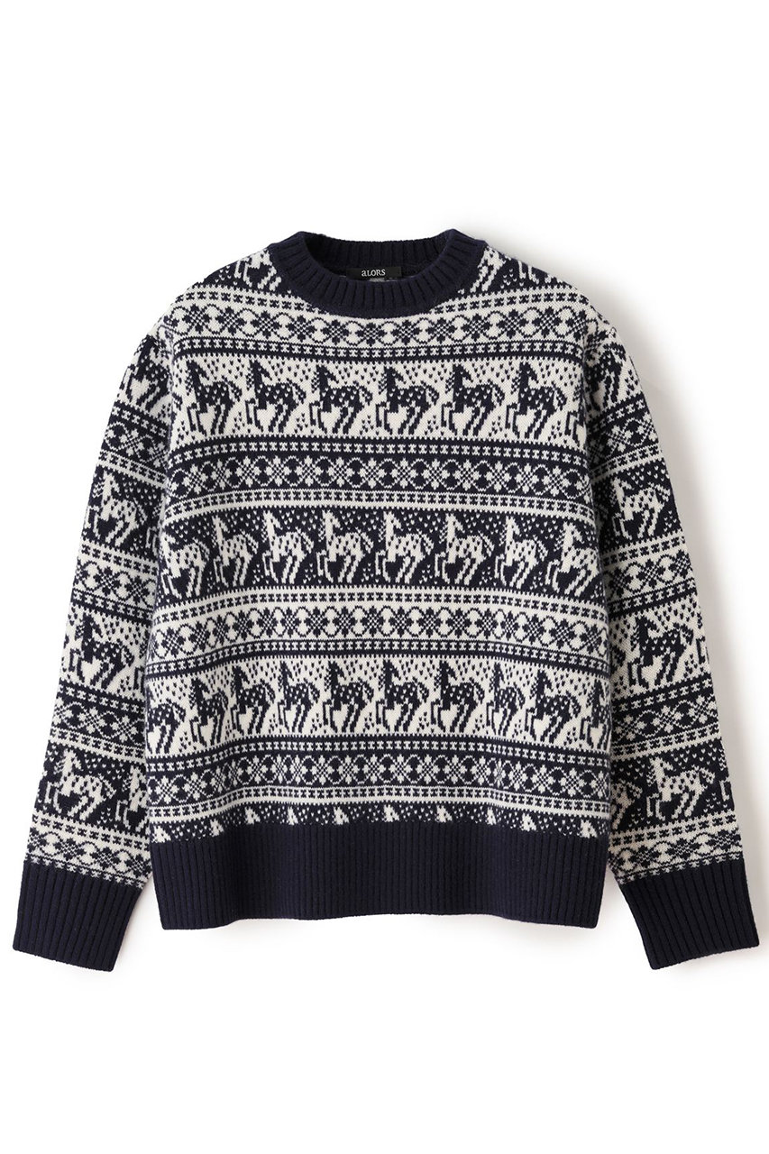 アロー/aLORSのPull jacquard equestre Rohan クルーネックニット(ダークネイビー×ホワイト/aLORS25AW-111)