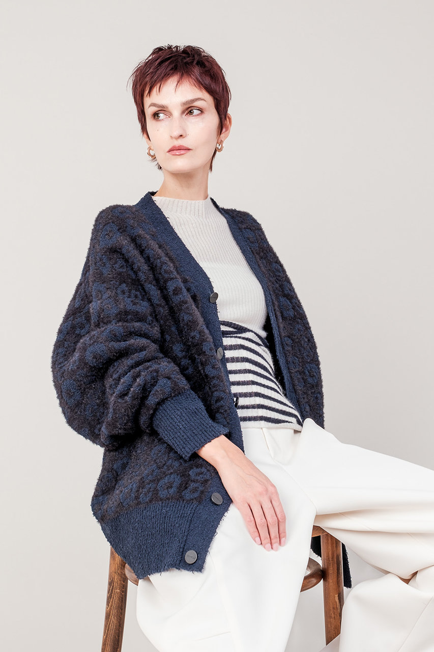 DOMELLE(ドメル)｜LEOPARD ジャカード カーディガン/ネイビー×ブラック