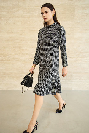エムダブリュー/MWのMONOTONE  チェック ツイード スタンドカラー フレア ドレス(110500/110503)