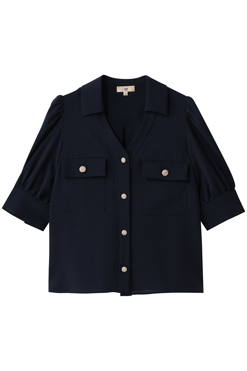 エムダブリュー/MWの【予約販売】トリアセテート (D) Vネック ハーフスリーブ ブラウス(ダークネイビー/MW21-FK002)