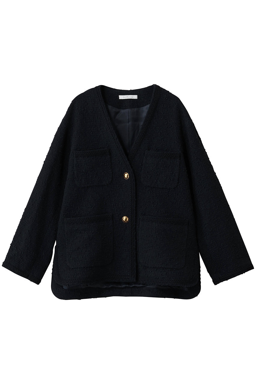 Col Pierrot 【ELLE SHOP限定】ノーカラーツィードジャケット (ネイビー, F) コル ピエロ ELLE SHOP Col Pierrot 【ELLE SHOP限定】ノーカラーツィードジャケット (ネイビー, F) コル ピエロ ELLE SHOP