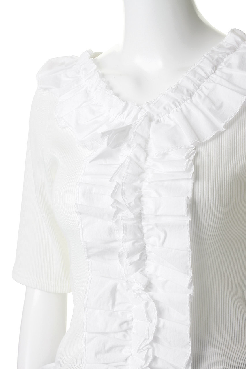 MANOF(マノフ)｜FRILL NECK RIB TOPS/WHITE の通販｜ELLESHOP・(エル 