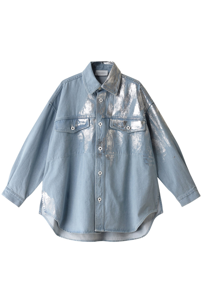 hueLe Museum 【STUMBLY】シルバーホイルプリンテッドデニムシャツ (ブルー, 36) ヒューエルミュージアム ELLE SHOP hueLe Museum 【STUMBLY】シルバーホイルプリンテッドデニムシャツ (ブルー, 36) ヒューエルミュージアム ELLE SHOP