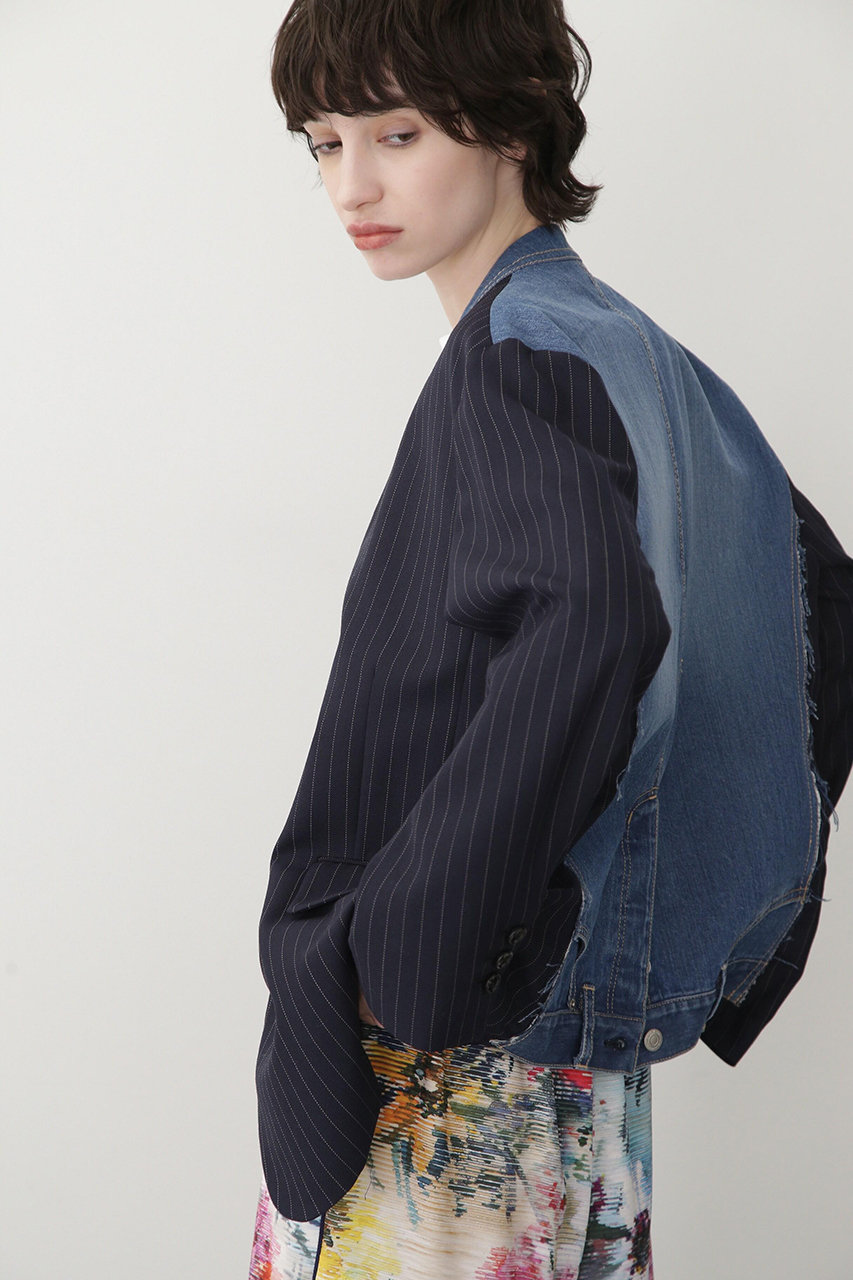hueLe Museum 【STUMBLY】Denim Combi No-Collar Jacket (ネイビー, 36) ヒューエルミュージアム ELLE SHOP hueLe Museum 【STUMBLY】Denim Combi No-Collar Jacket (ネイビー, 36) ヒューエルミュージアム ELLE SHOP