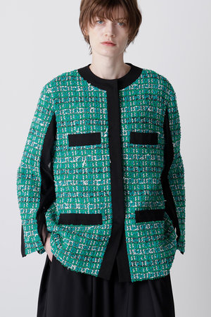 eLLa selectshop ツイードジャケット ロングスラブツイード クルーネックジャケット