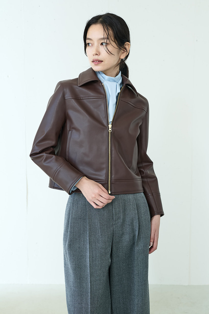 j.(ジェイドット)｜フェイクレザー衿つきジャケット/ブラウン の通販